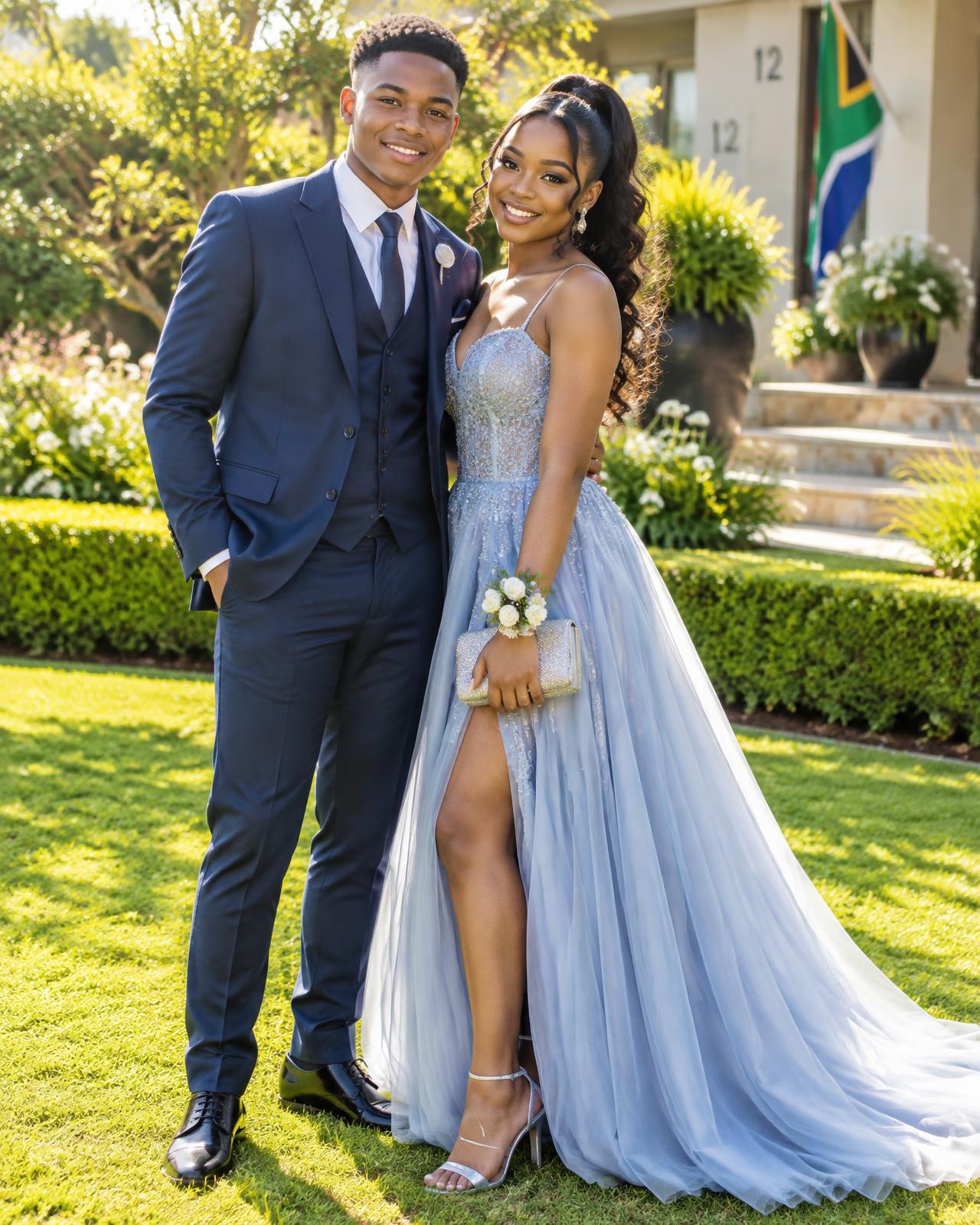 Matric dance couple in a sunlit garden before prom