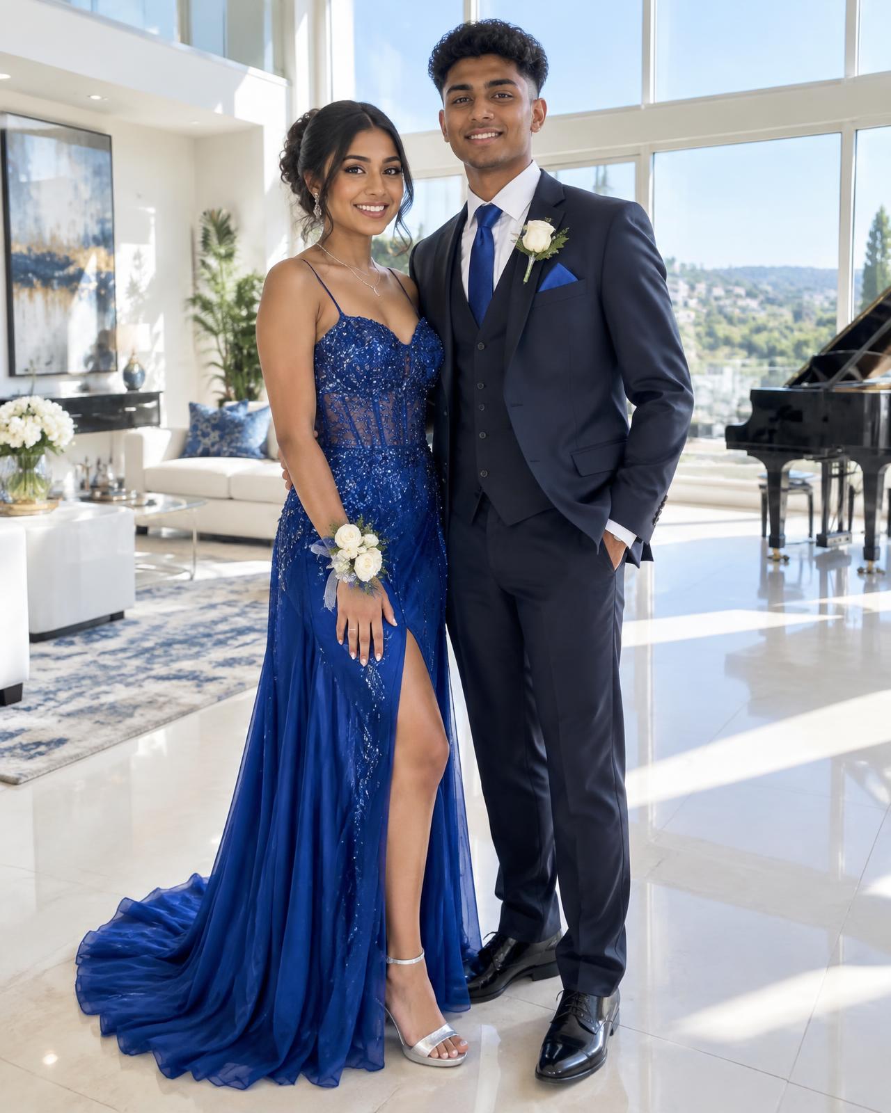 Matric dance couple in a bright white-walled living room