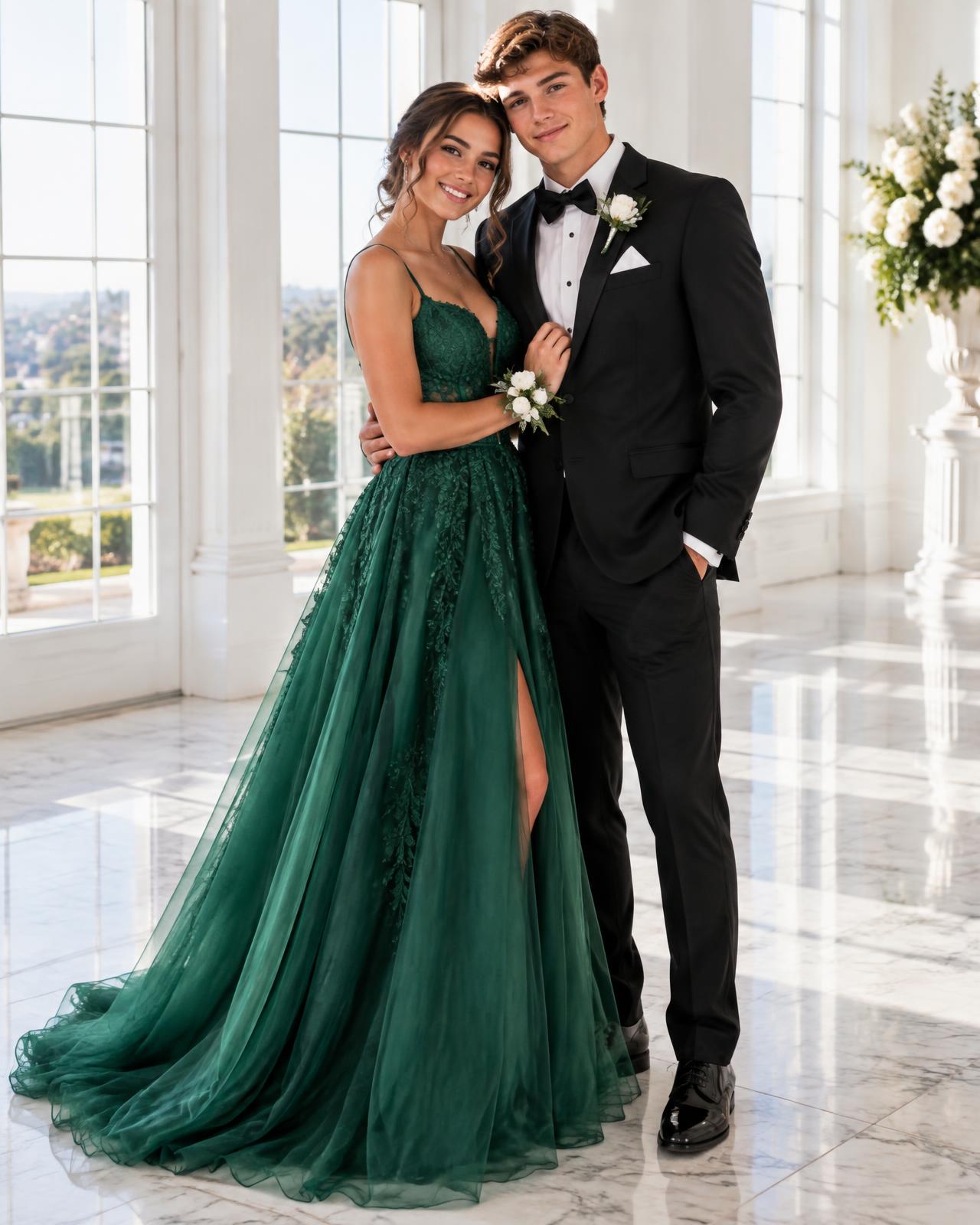 Couple in formal wear in a spacious white-walled hall
