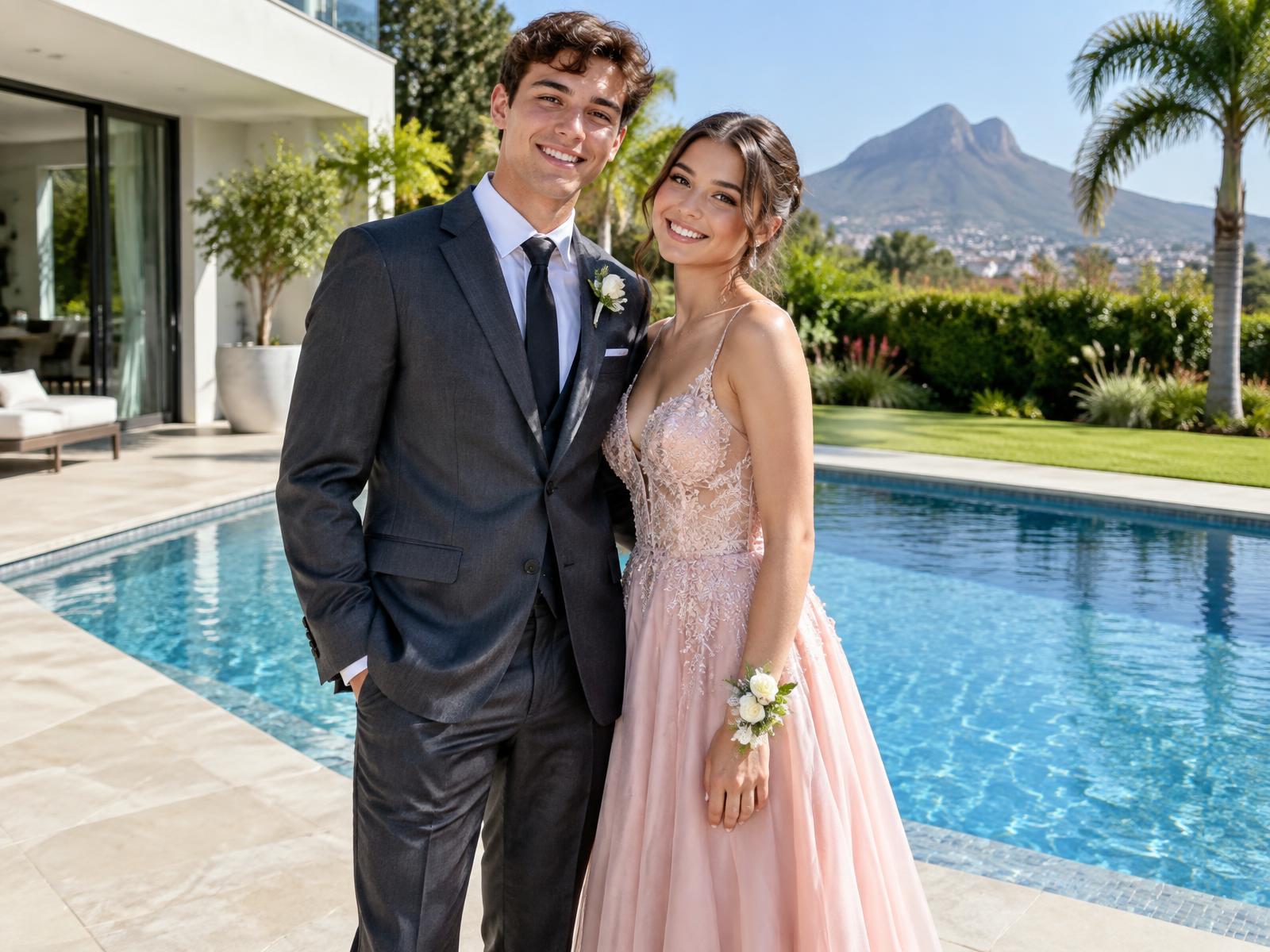 Matric couple beside a sunlit pool in the garden