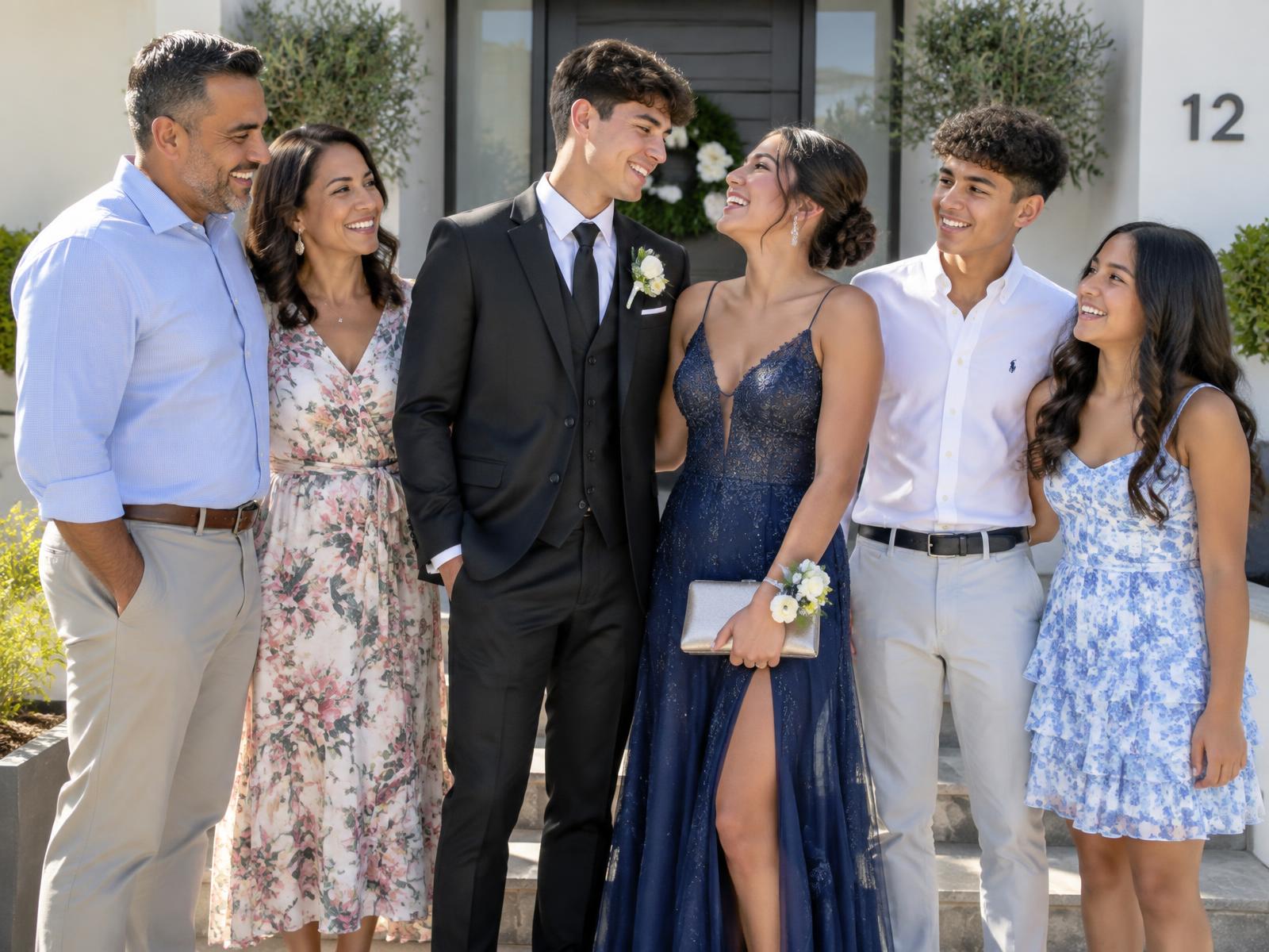 Family gathered around a matric couple on the front steps