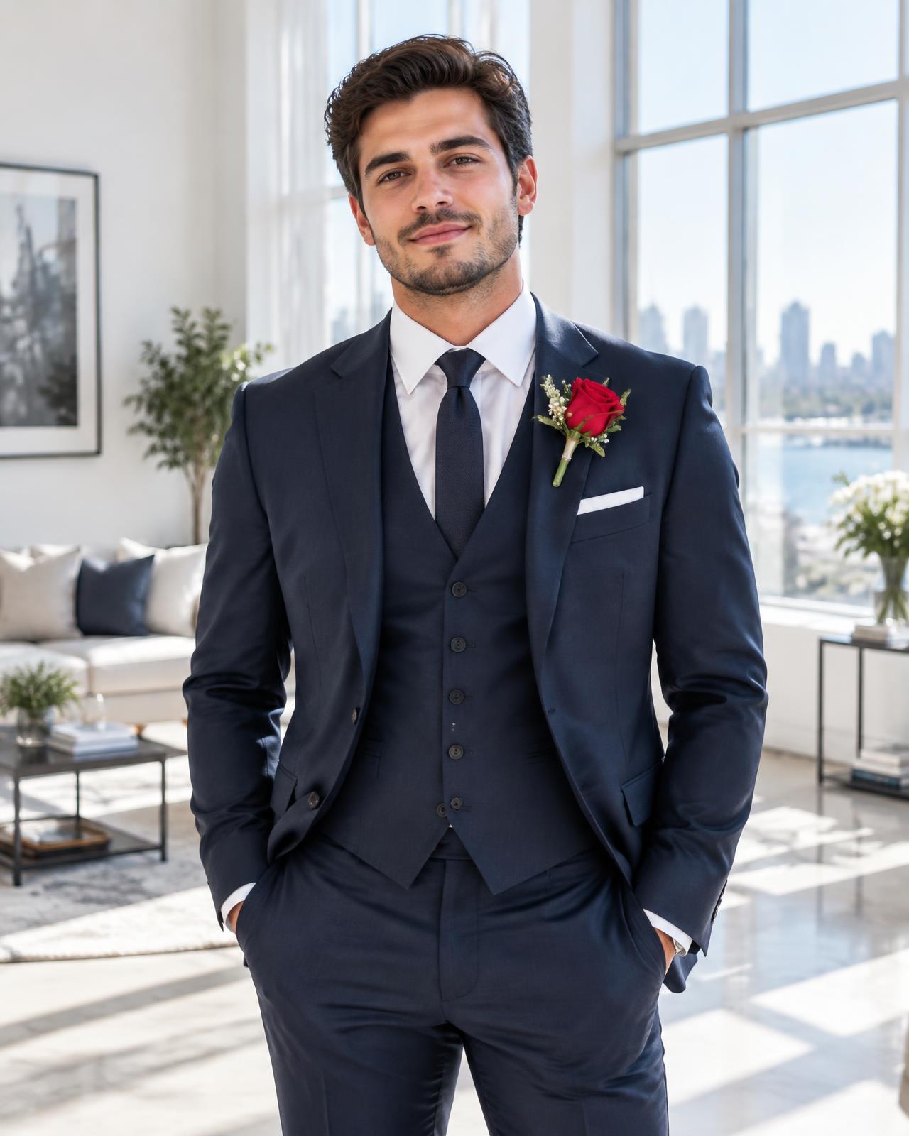 Matriculant in a tailored three piece suit in a bright white room